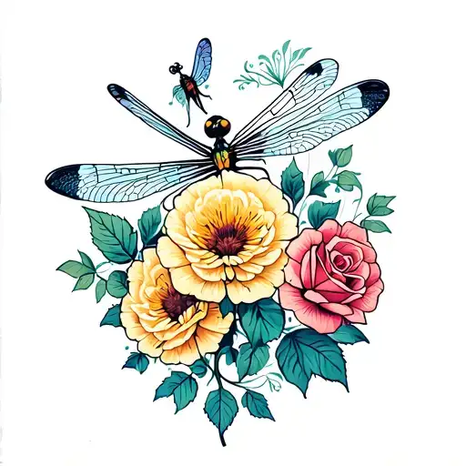 flowers dragonflies dandelions intertwined roses tattoo design idea