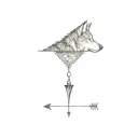 half wolf head with eye on opposite side along with mountains and sled dogs an arrow going through with quote text tattoo design idea