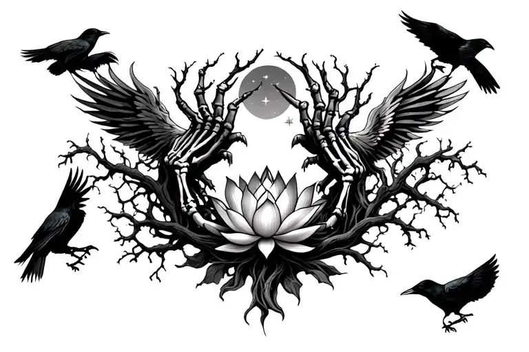 a twisted forest with skeletal hands and crows, fading into vines and a rising phoenix or lotus flower under a starr sky tattoo design idea
