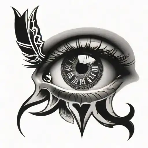 an eye with tear drop falling intertwined with roman numerals clock hand tattoo design idea