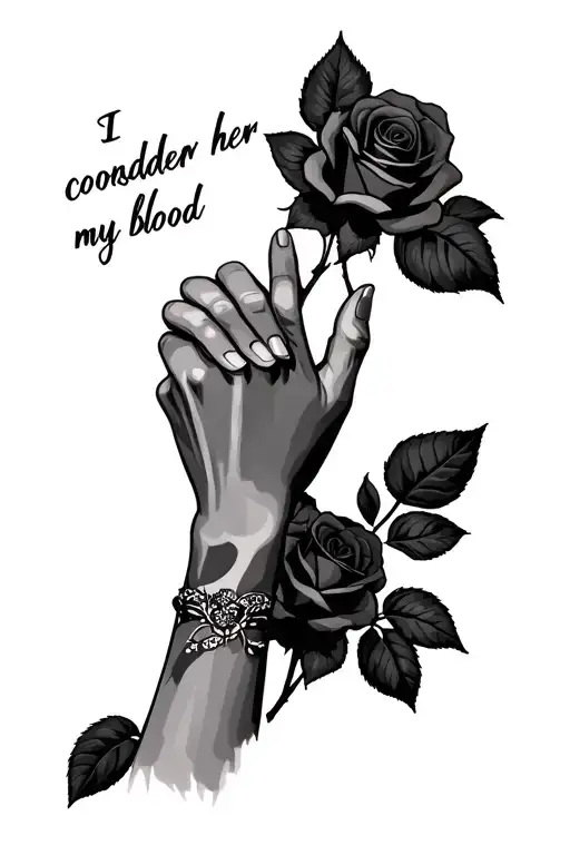 "I consider her my blood " pinky promise hands with roses  tattoo design idea
