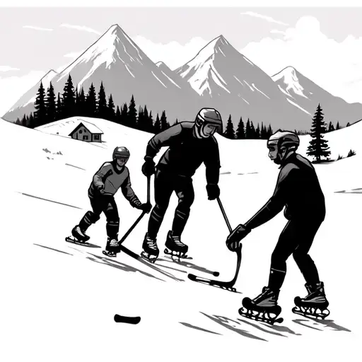 Pond Hockey son and dad skating with mountains and trees in the background, mom watching from the house tattoo design idea