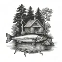 polish fisch at lake with pier in center of forest scene tattoo design idea