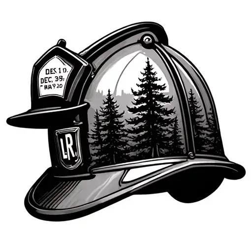 Tattoo of a firefighter's helmet with trees growing on it along with initials L.R and the dates Dec 1, 1939 – May 25, 20 tattoo design idea