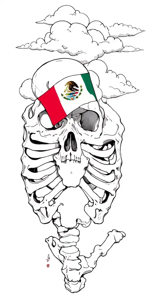 bones , Gomez, Mexico flag , cloud background tattoo design idea