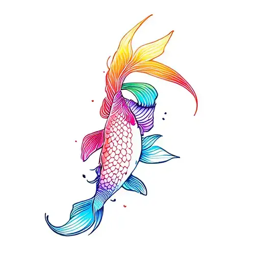 regular line thickness, small back of neck tattoo, koi fish, lines done in rainbow ombre tattoo design idea