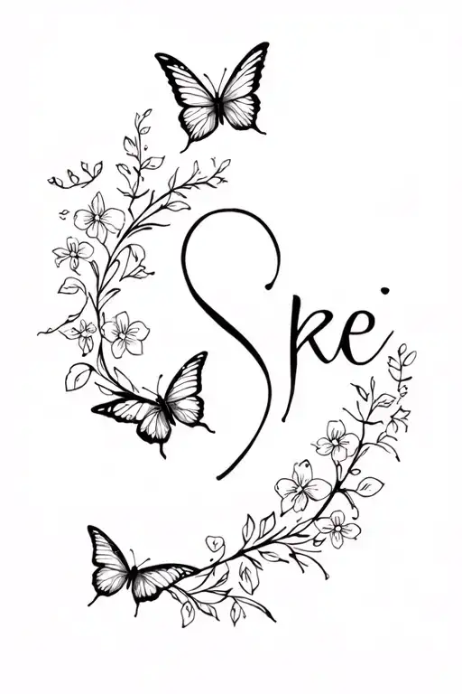 "Luke n Ellie" "Luke n Ellie" "Skye" butterflies flowers hearts vine intertwined tattoo design idea