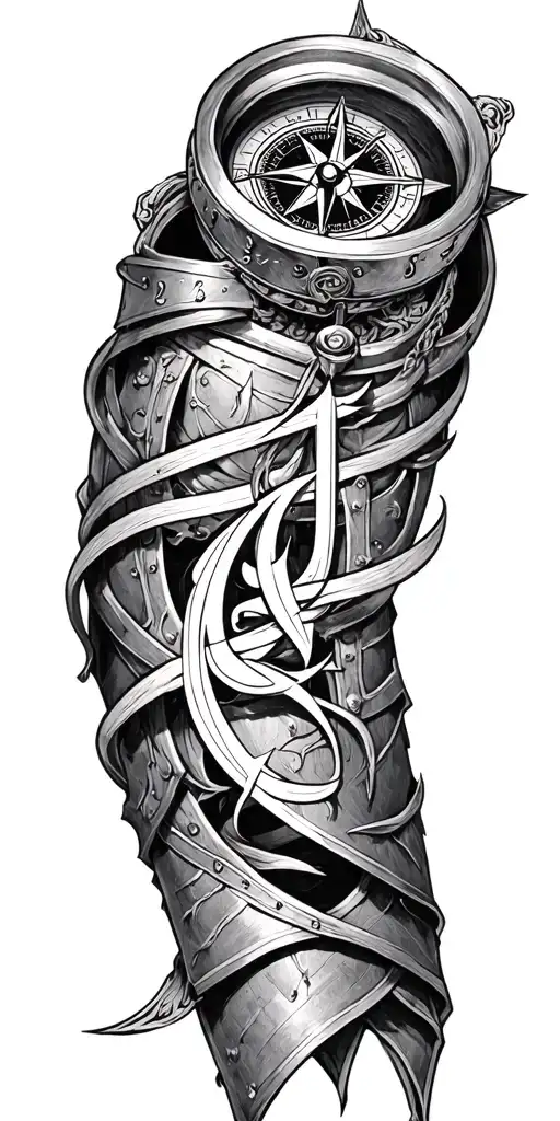 A compass intertwined with elegant calligraphy writing encased in Armor tattoo design idea