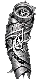 A compass intertwined with elegant calligraphy writing encased in Armor tattoo design idea
