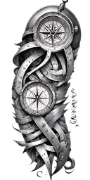 A compass intertwined with elegant calligraphy writing encased in Armor tattoo design idea