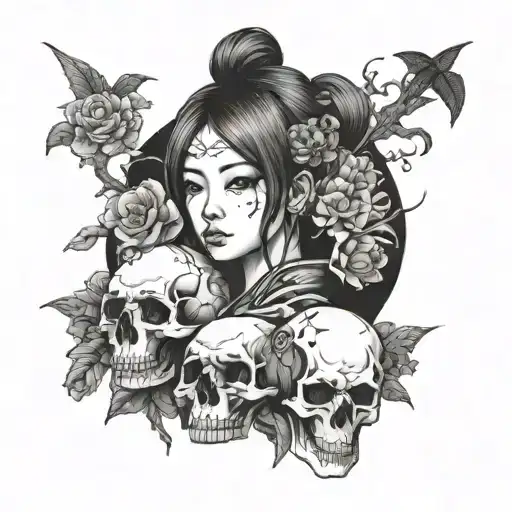 a beautiful Japanese girl with skulls, tight coloring. tattoo design idea