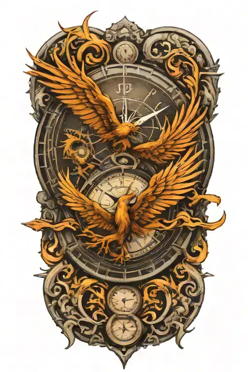 compass layered behind a clock representing the course for life over time. Overlapping is a Phoenix rising uo tattoo design idea