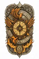 compass layered behind a clock representing the course for life over time. Overlapping is a Phoenix rising uo tattoo design idea