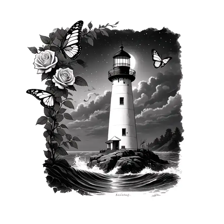 lighthouse at night with climbing roses 2 butterflies water should be crashing against rocks at the bottom light to left tattoo design idea