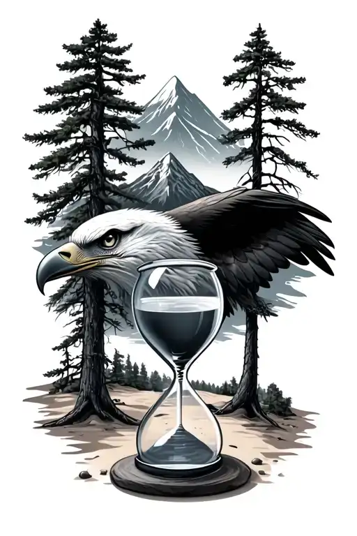 eagle eyes behind trees with hour glass with sand and mountain on background and a peace in black, grey  tattoo design idea