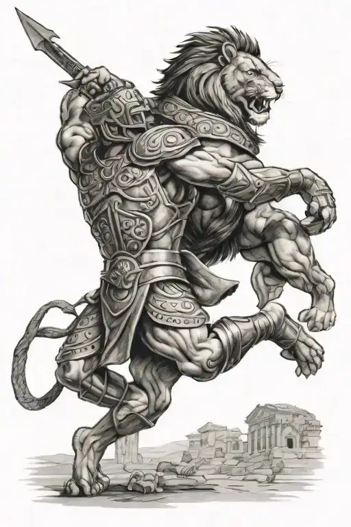 lion and coliseum gladiator fighting tattoo design idea
