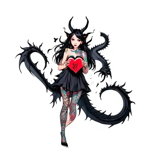 tattooed anime demon girl holding a shattered heart surrounded by a voodoo black dragon tattoo design idea