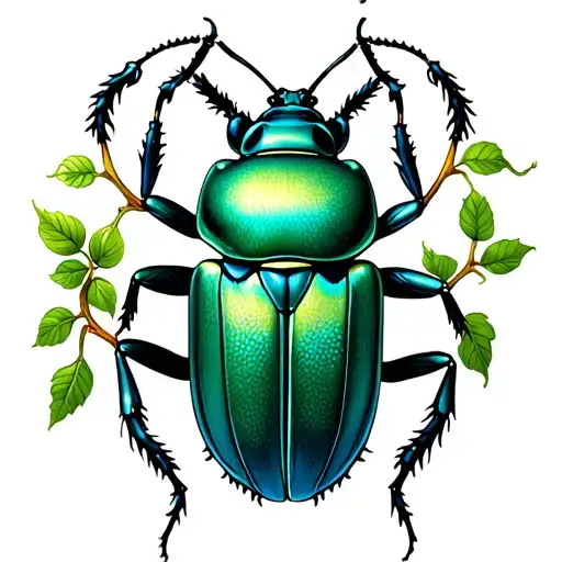 "Realism tattoo design of a medium-sized, lifelike beetle with detailed shading. Delicate vines wrap naturally around th tattoo design idea