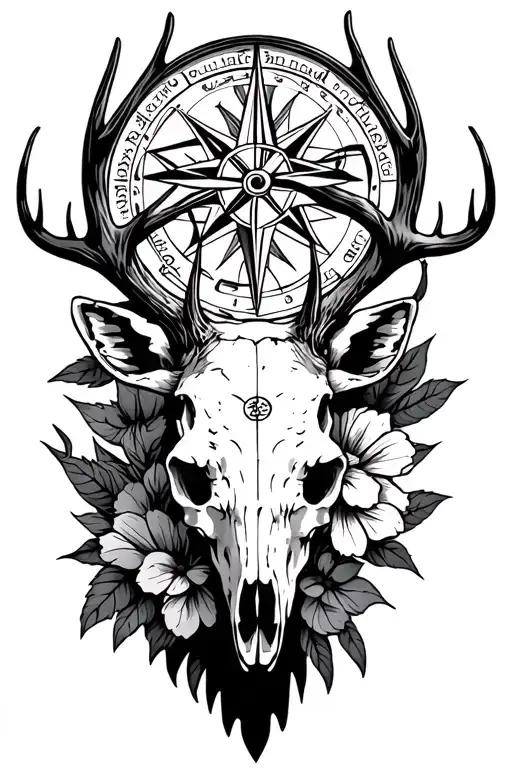 september birth flower, deer skull, compass tattoo design idea
