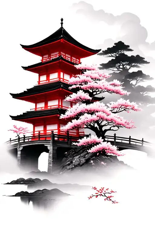 Japanese misty temple with bridge and Sakura flowers that are red  tattoo design idea