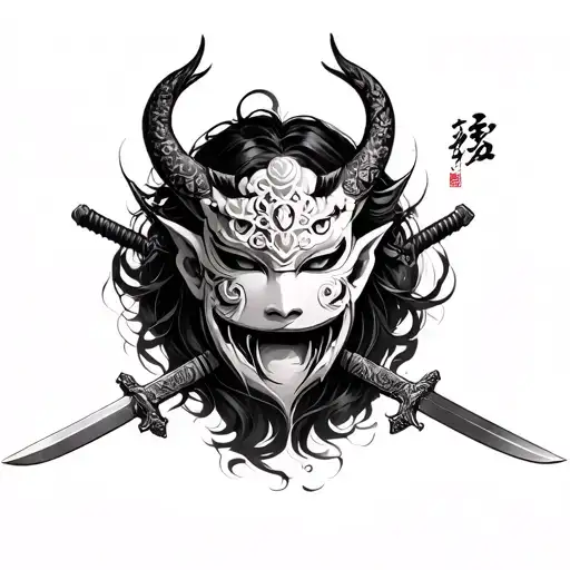 Oni Mask On Girl With Japanese Style Swords tattoo design idea