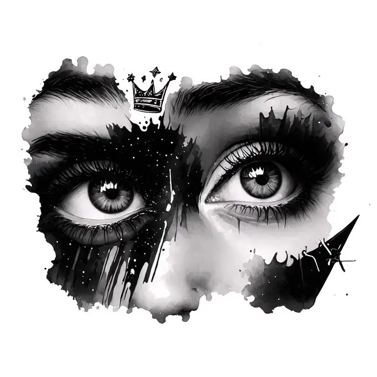 both eyes  with brows paint style with paint brush with xxxx on the corner add polaris star and crown tattoo design idea