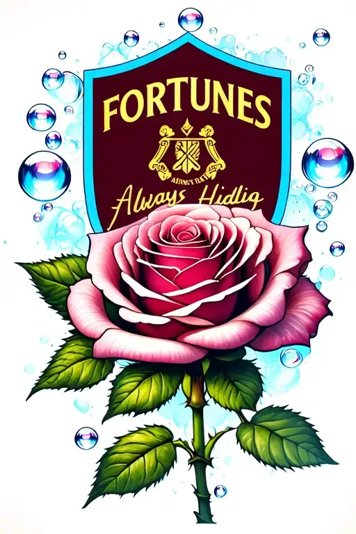 a rose at the bottom part with the words fortunes always hiding above it surrounded by bubbles, the West Ham badge above tattoo design idea
