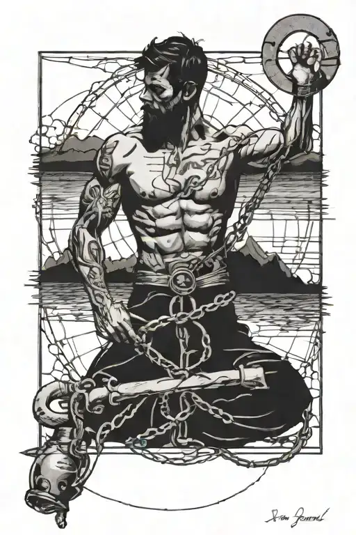 A man who dreams of distant lands has his freedom restricted by bars and shackles. tattoo design idea