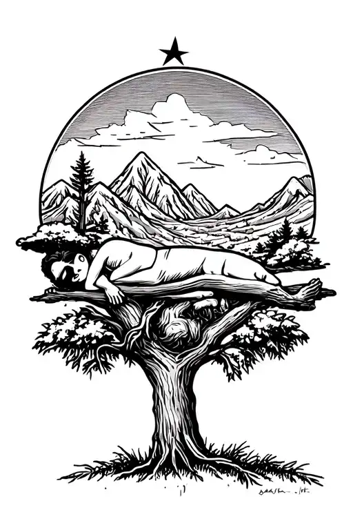 mexican sleeping on mesquite tree with mountains in the back and 5 point star in the mountain  tattoo design idea