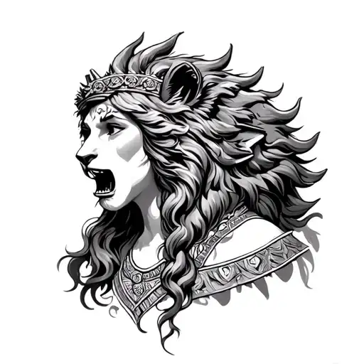roman goddess with a roaring lion tattoo design idea