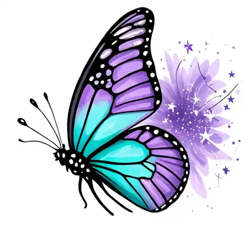 purple and teal butterfly with stars  tattoo design idea