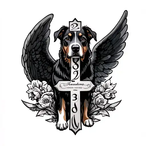 dog memorial tattoo with cross, angel wings and time: 23.44 tattoo design idea