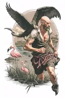 bald runner with short beard with the salt marshes of the south, the sun, pink flamingos and the reflection of a dragon tattoo design idea