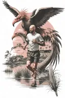 bald runner with short beard with the salt marshes of the south, the sun, pink flamingos and the reflection of a dragon tattoo design idea