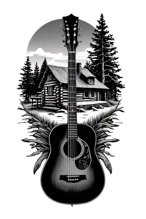 accoustic guitar surrounded by log cabin scene inside tattoo design idea