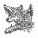 a wolf and a forest in front of him a stump in the middle and a chainsaw on it tattoo design idea