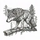 a wolf and a forest in front of him a stump in the middle and a chainsaw on it tattoo design idea