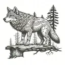 a wolf and a forest in front of him a stump in the middle and a chainsaw on it tattoo design idea