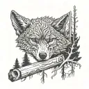 a wolf and a forest in front of him a stump in the middle and a chainsaw on it tattoo design idea