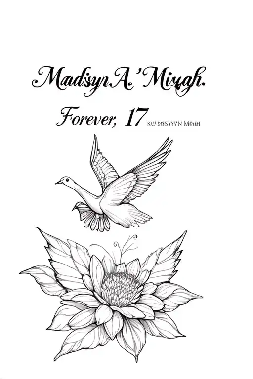 "Madisyn A’Miyah , Forever 17" butterfly wings dove open flower tattoo design idea