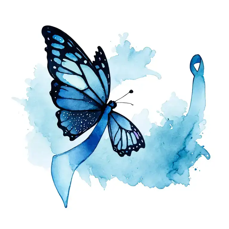 small, elegant breast cancer ribbon with whimsical butterfly  tattoo design idea