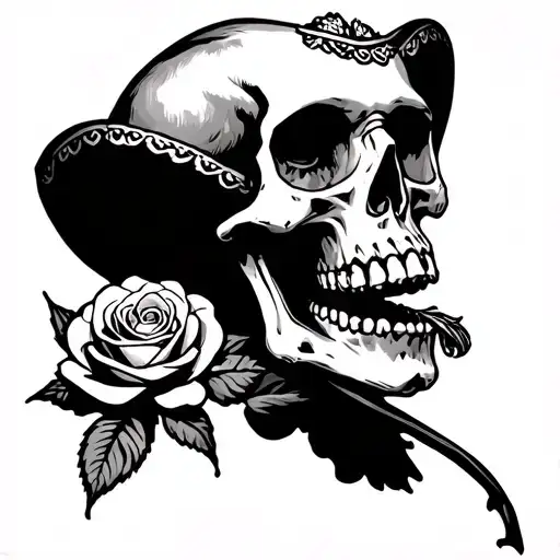 sad mariachi skeleton skull biting a rose tattoo design idea