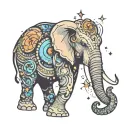 A cosmic-inspired design with a mystical elephant adorned with cosmic elements like stars and galaxies tattoo design idea