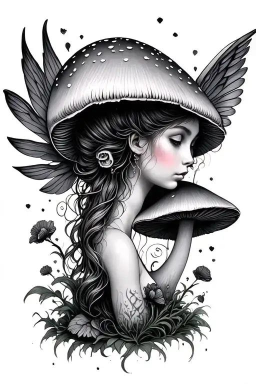 feminine mushroom fairy wings tattoo design idea