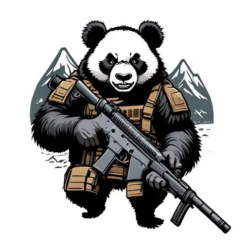 ANGRY PANDA WEARING TACTICAL GEAR HOLDING A AR 15 with mountains IN BACK GROUND tattoo design idea