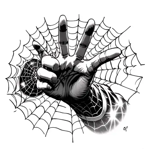 Spider-Man’s web-shooting hand gesture, but the web is a surreal stream of space-time — glowing cosmic threads, galaxies tattoo design idea