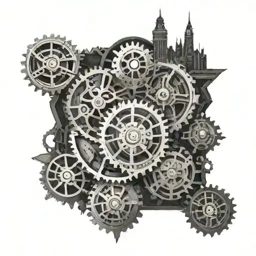 Steampunk-inspired mechanical gears and clockwork elements integrated into a Hamburg city skyline tattoo design idea