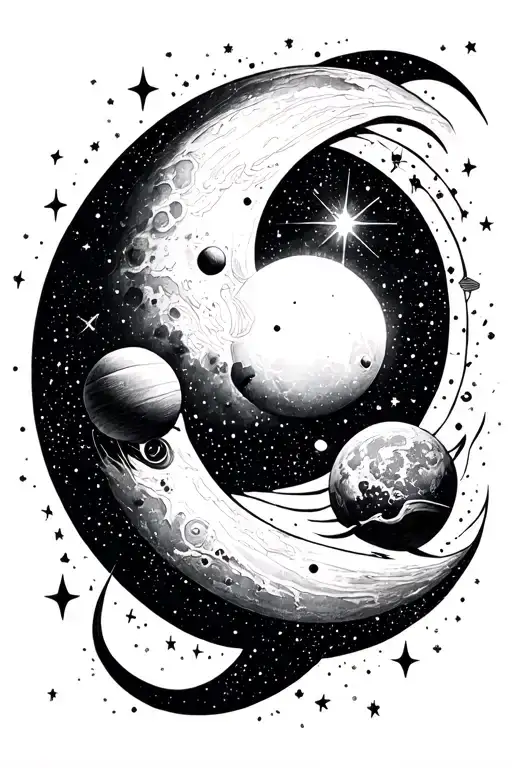 “Create a space-themed tattoo filler in a dark fantasy style. I want celestial elements like moons, stars, and nebulae b tattoo design idea