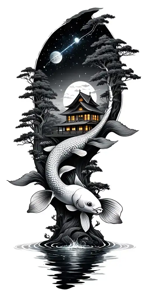 Buddhist tattoo. water and koi on wrist, trees and nature with small home in middle, constellation and space on top tattoo design idea