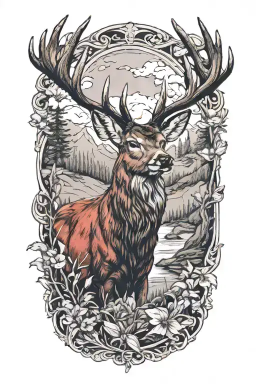 realistic red  deer birds tattoo design idea